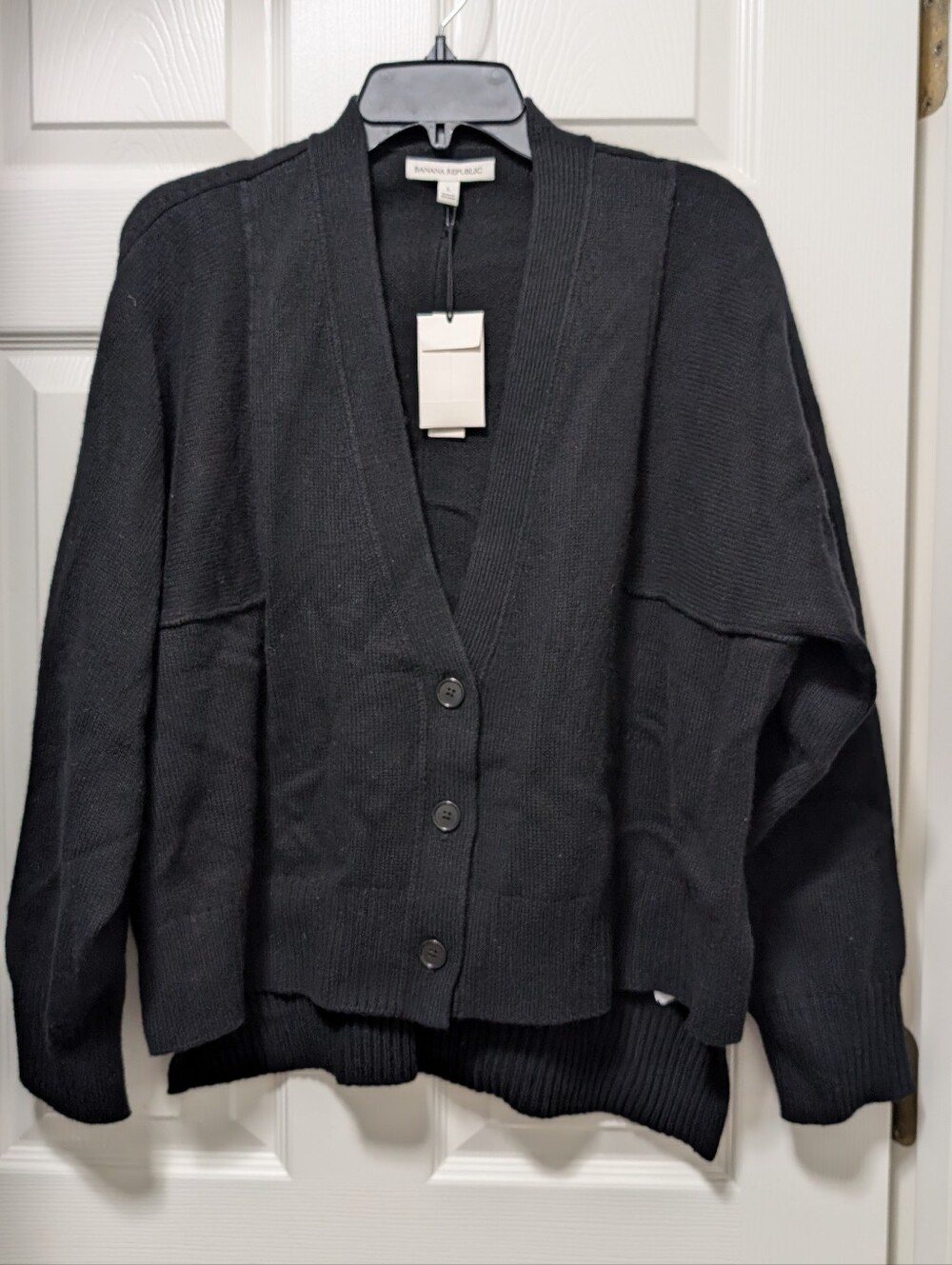 NWT Banana Republic Black Oversized Merino-Cotton High-Low Cardigan Size Large L